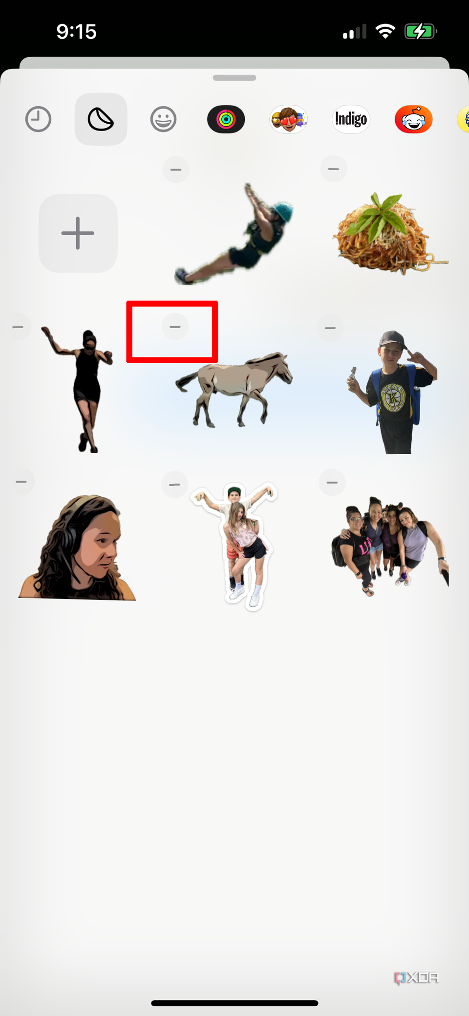 various custom stickers on an iPhone with the horizontal line beside each, allowing for rearranging.