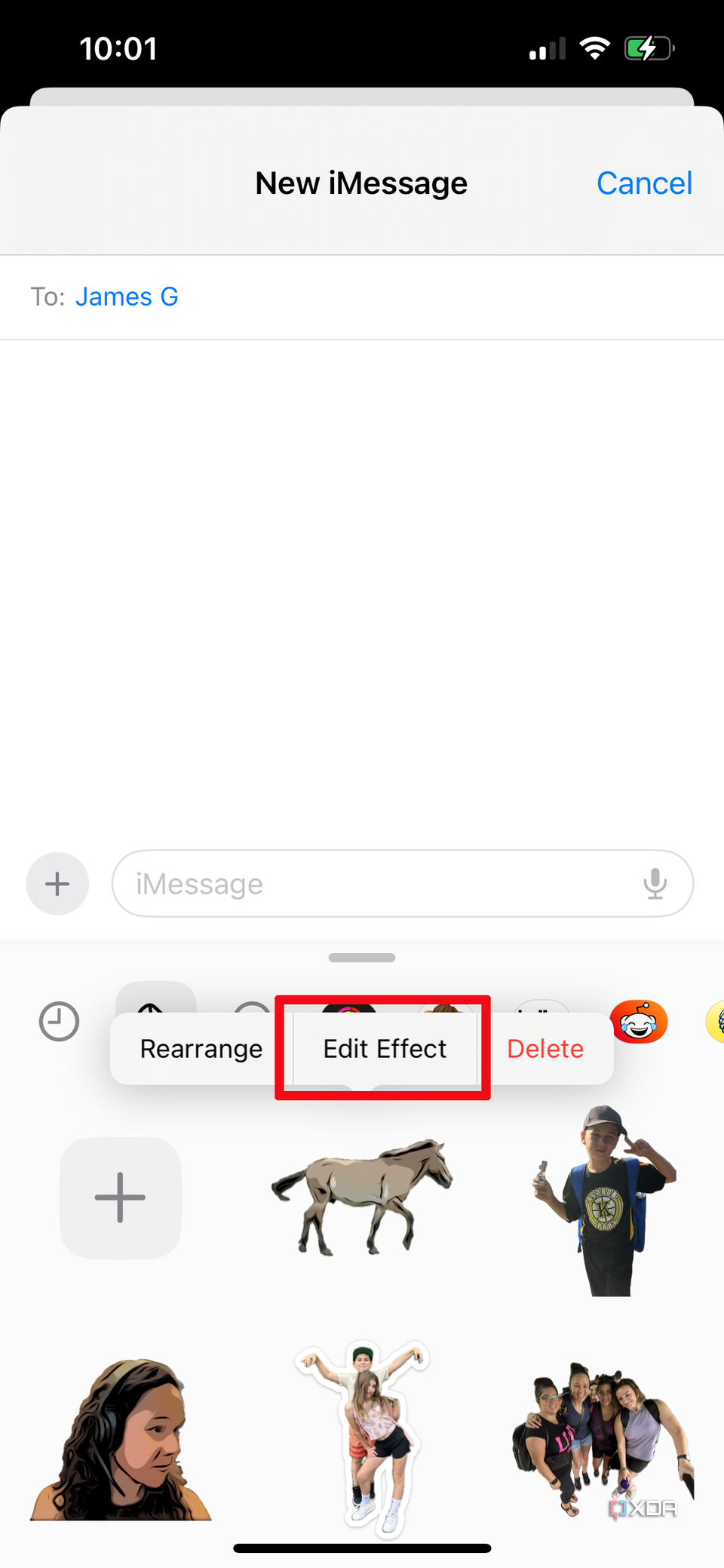A message window open on iPhone, the sticker drawer open and edit effect option selected.