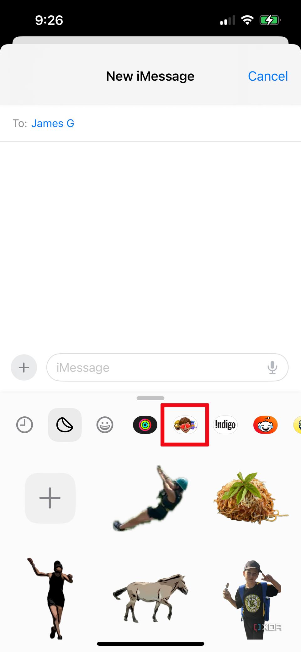 A message window on iPhone with the sticker drawer open.