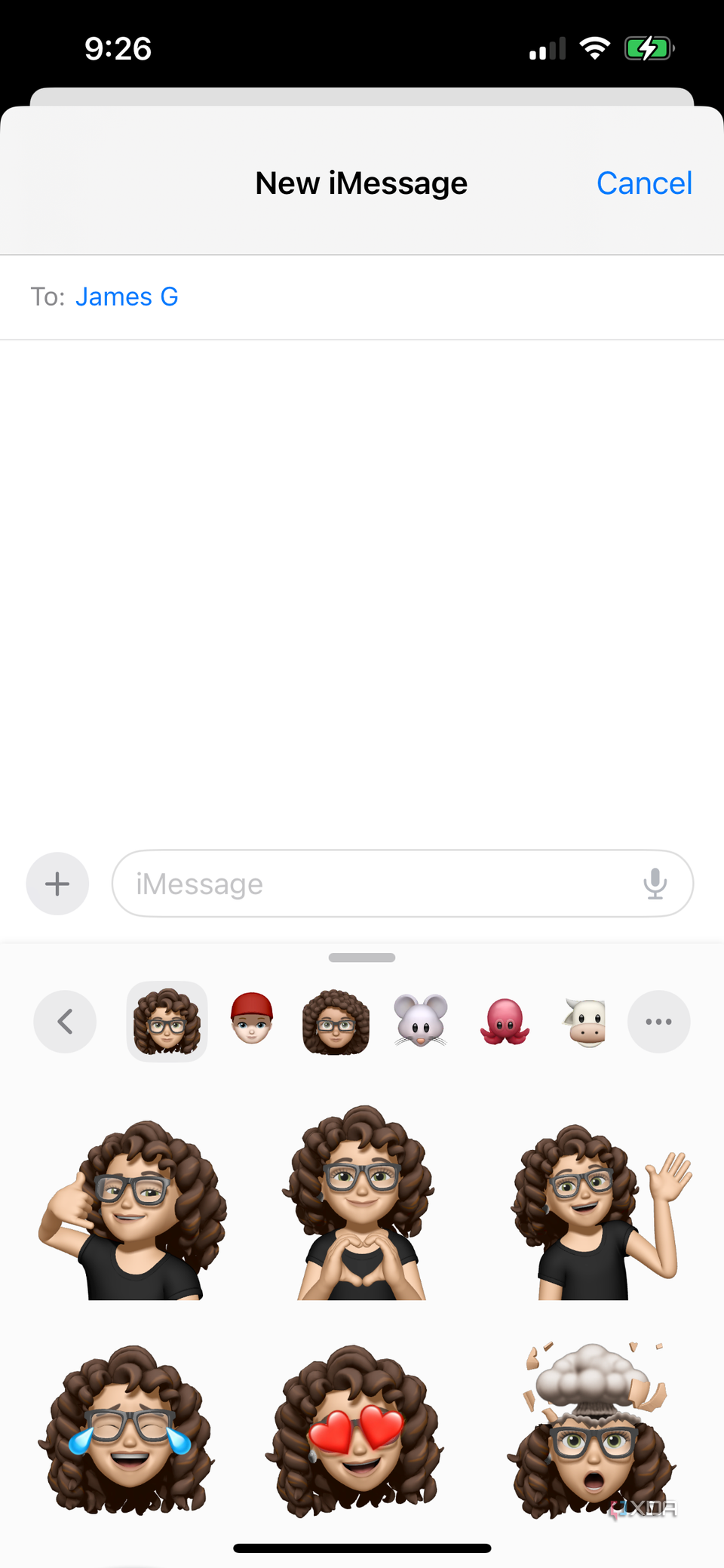 A message window open on iPhone with the Memoji page showing in the bottom half.