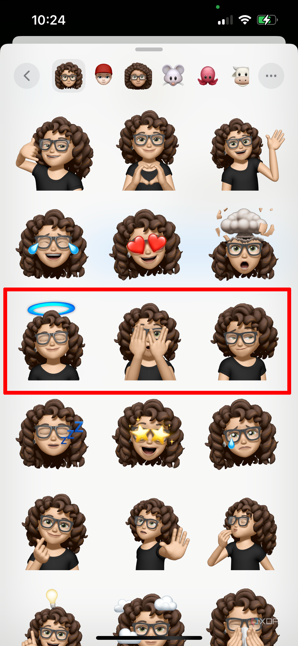 A variety of female Memojis with three new ones highlighted, showing a halo, peeking through eyes, and a smirk.