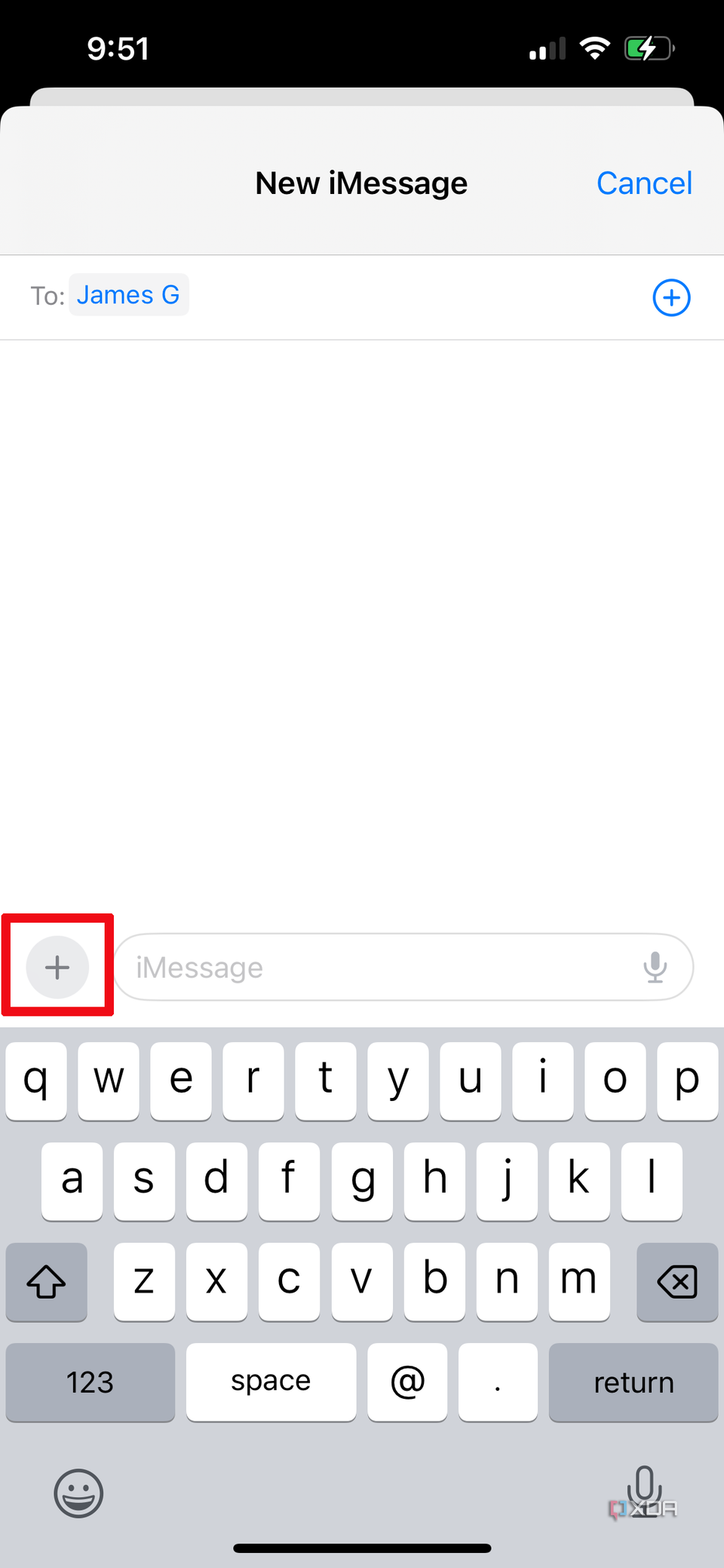 A Message window open on iPhone with the + sign selected.