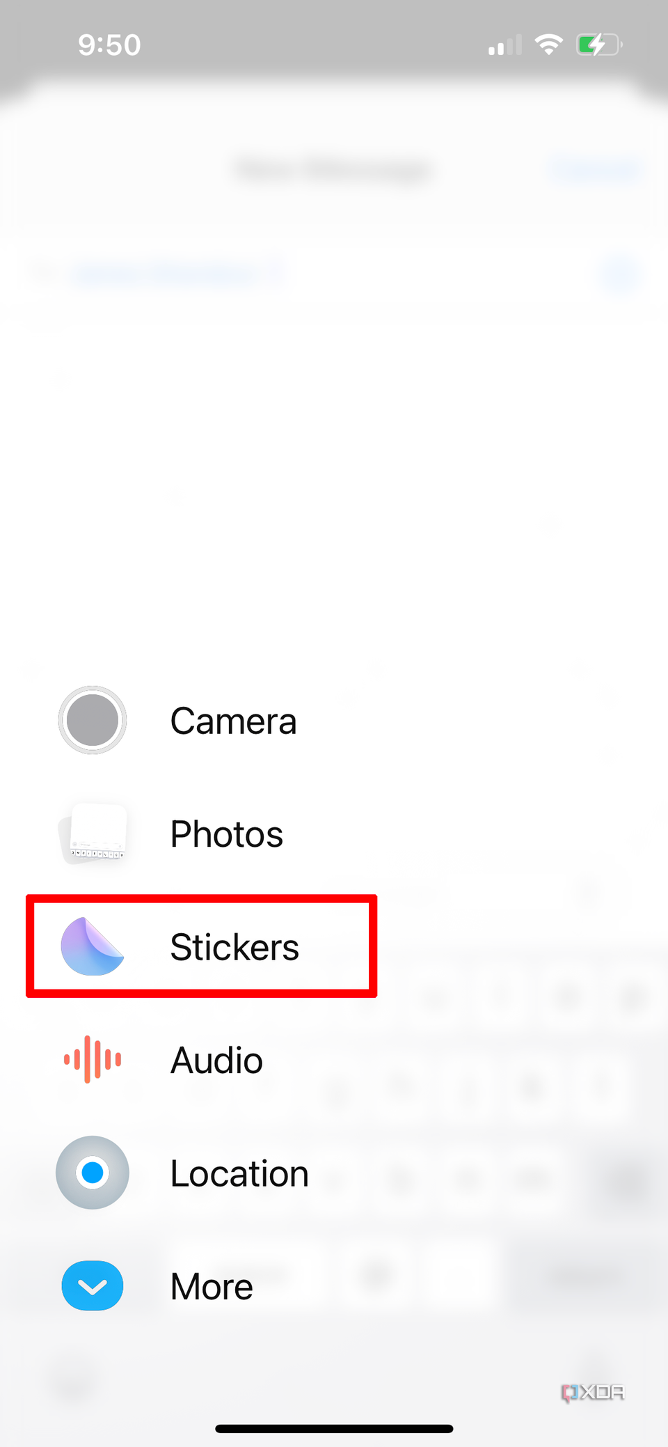 The Messages window open on iPhone with the Sticker Drawer option selected.