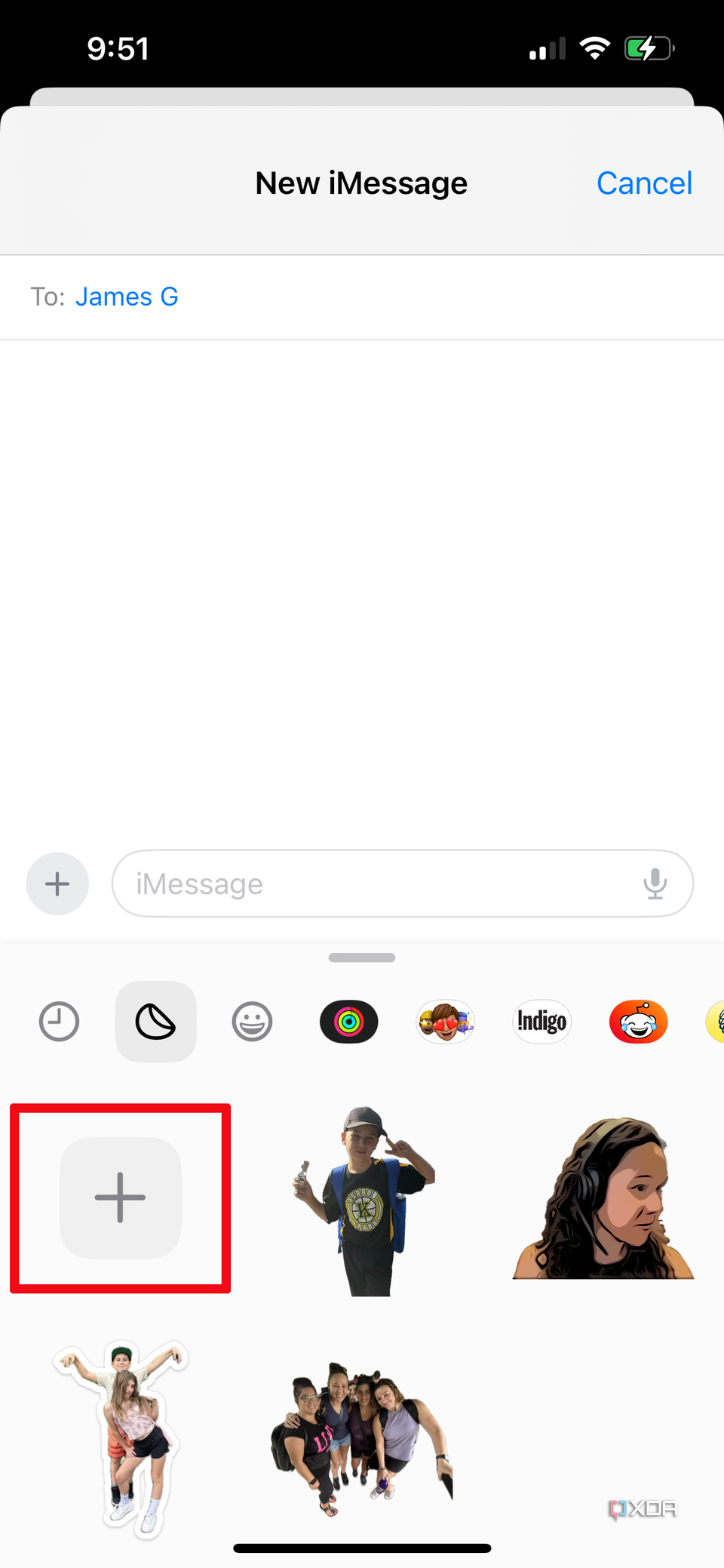 A new message window open on iPhone with custom stickers at the button, the + sign highlighted.