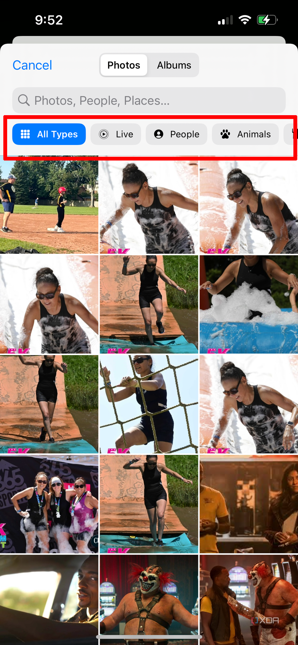 the camera roll of an iPhone showing images with the search filter selected.