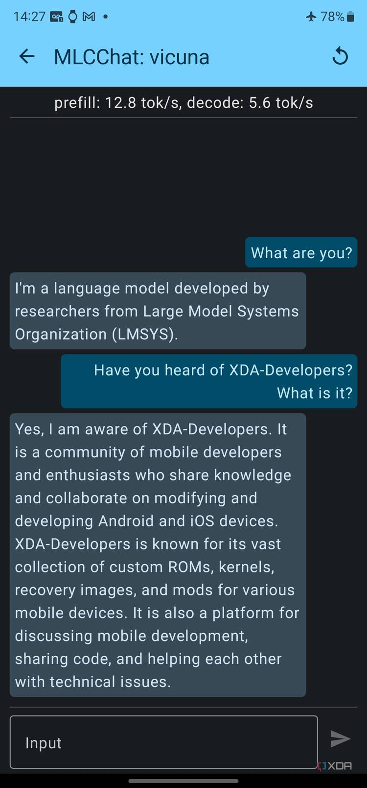 Vicuna 7B LLM running on an Android phone