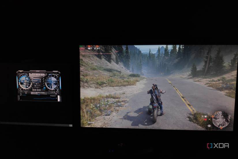 A monitor showing the FPS in Days Gone and another monitor with MSI Afterburner open