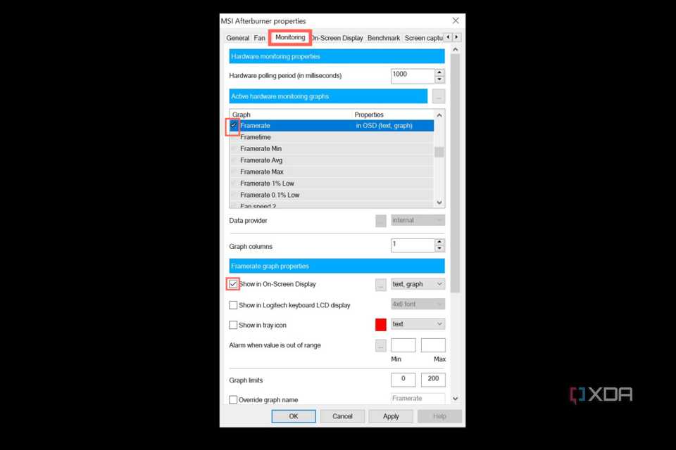 Head to the Monitoring tab and enable the Framerate option