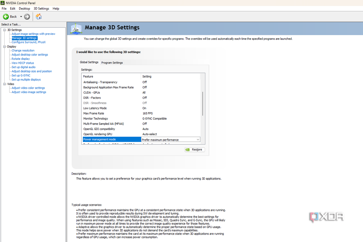 The 3D Settings menu in the Nvidia Control Panel.