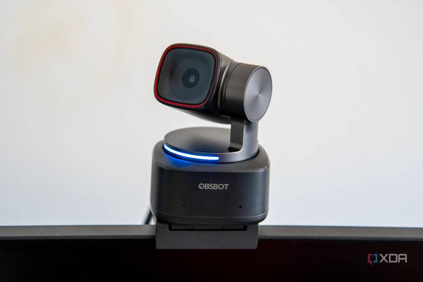 Front view of the Obsbot Tiny 2 with the gimbal rotated to the left and tilted upwards