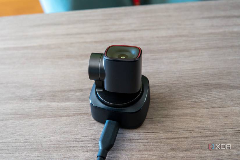Rear view of the Obsbot Tiny 2 webcam with the gimbal pointed almost completely upward.
