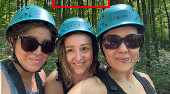 A photo from an iPhone library showing three women smiling wearing headgear, the add sticker pop-up selected.