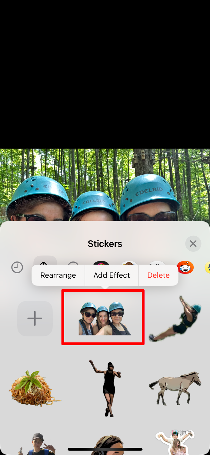 An iPhone photo in the background with the Sticker drawer open showing the same photo now turned into a sticker, among others.