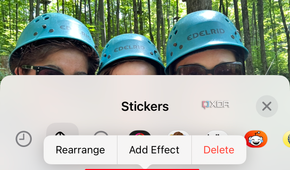 An iPhone photo in the background with the Sticker drawer open showing the same photo now turned into a sticker, among others.