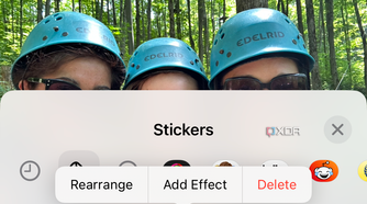 An iPhone photo in the background with the Sticker drawer open showing the same photo now turned into a sticker, among others.