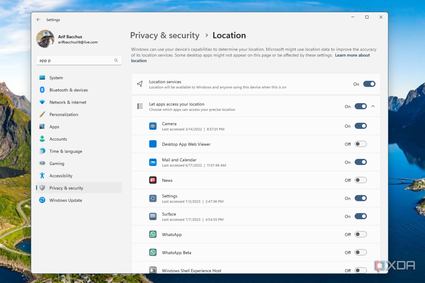 A screenshot of the location settings page in Windows 11