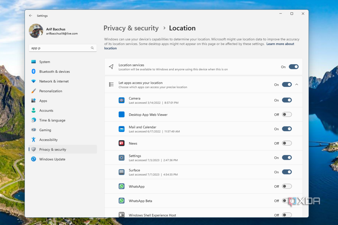 A screenshot of the location settings page in Windows 11