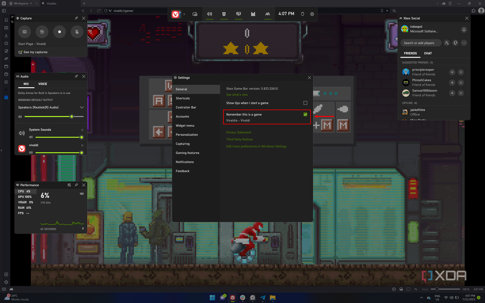 Screenshot of the game bar UI showing the general settings page with the option to remember the current active app as a game enabled.