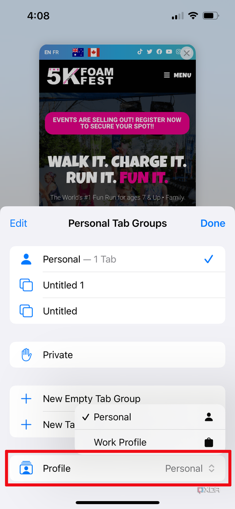 A Safari tabs page open showing Profile selected where you can switch from one to the other.