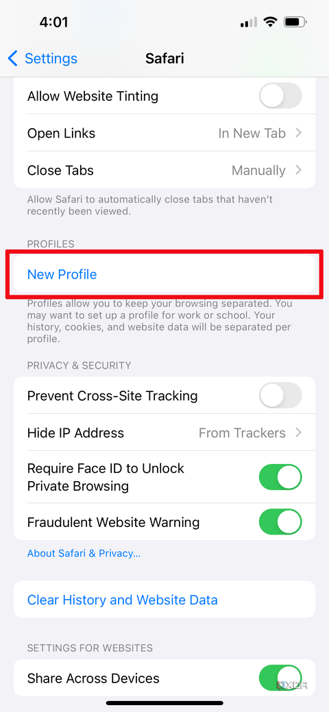 The iPhone Settings menu open to Safari settings, selecting New Profile.