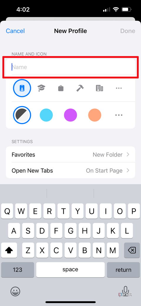 The New Profile page in the Safari settings on iPhone with the Name field selected.