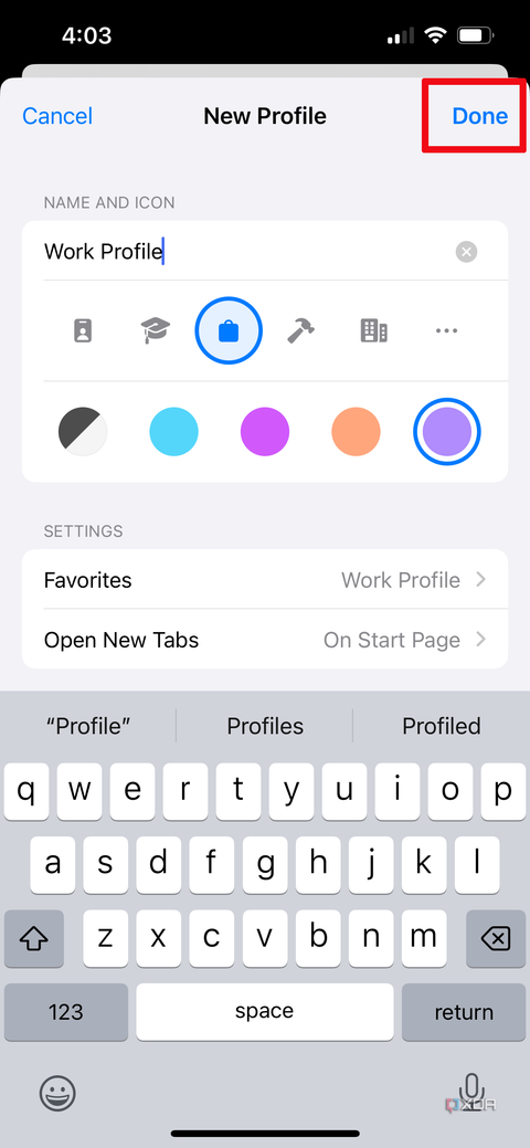 The New Profile page in Safari settings on iPhone with the Done button selected.