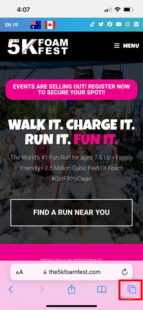A website open on an iPhone with the tabs icon on the bottom, right selected.