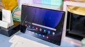 Samsung Galaxy Tab S9 Ultra propped up against a wall on a desk