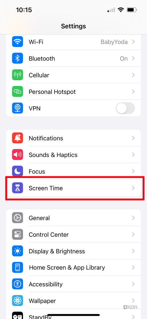 The settings menu in iPhone highlighting screen time