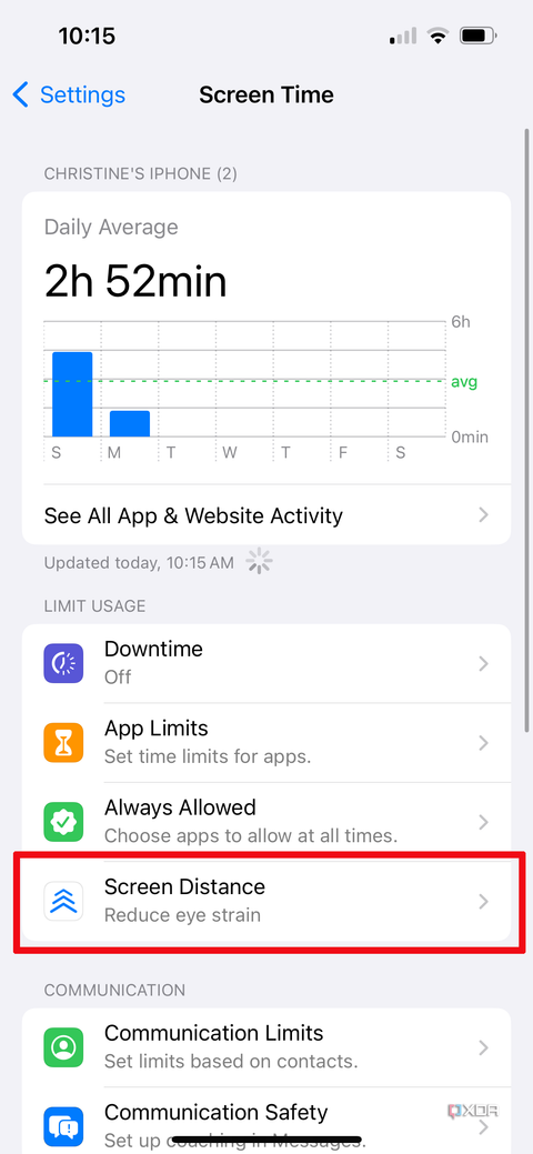 iPhone menu showing Screen Distance option