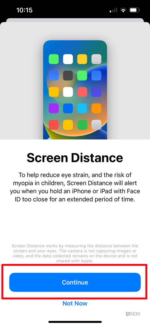 Screen Distance welcome message on iPhone