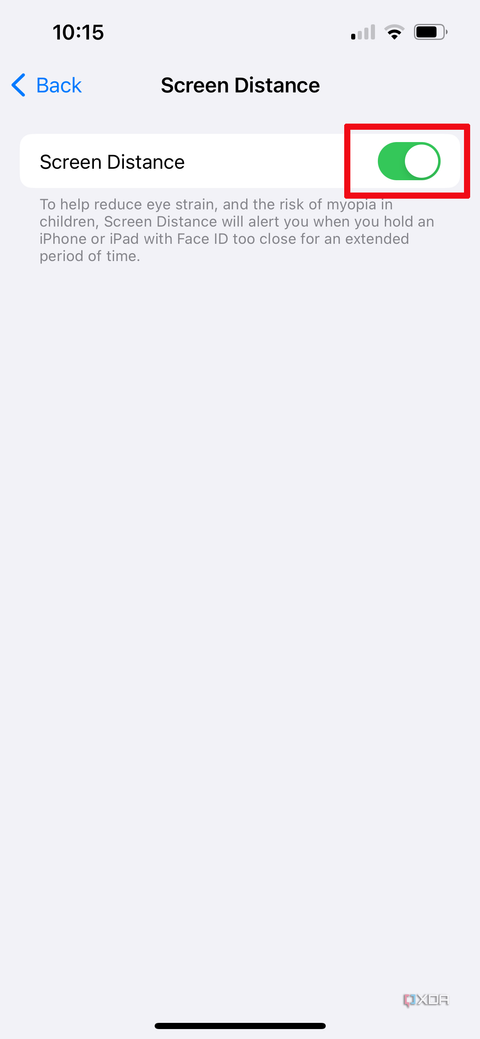 The slider to turn Screen Distance on on an iPhone