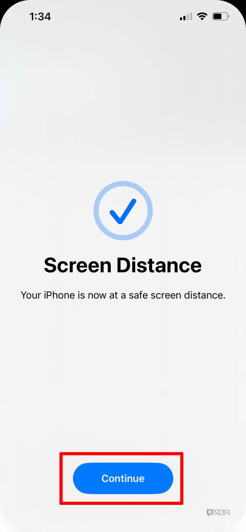 Checkmark confirming you have moved the iPhone far enough away for Screen Distance.