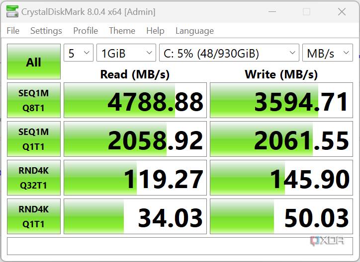 CrystalDiskMark of Asus ROG Ally Corsair MP600 Mini, showing peak read of 4788.88 and peak write of 3594.71