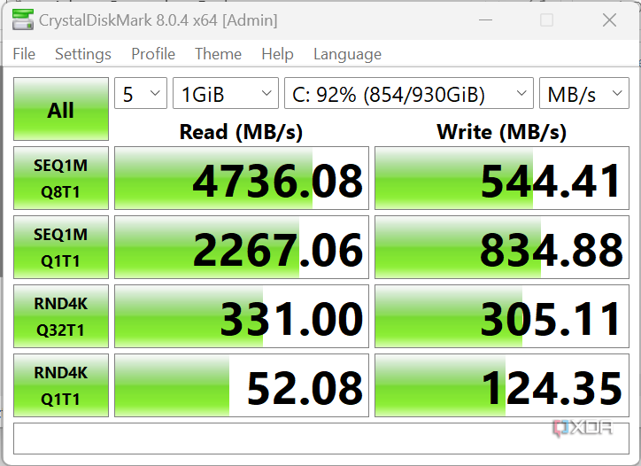 CrystalDiskMark of Asus ROG Ally Corsair MP600 Mini, showing peak read of 4736.08 and peak write of 544.41