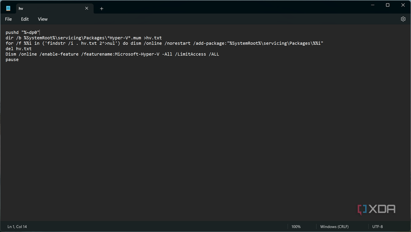 Screenshot of Notepad with text containing commands to install Hyper-V on Windows 11