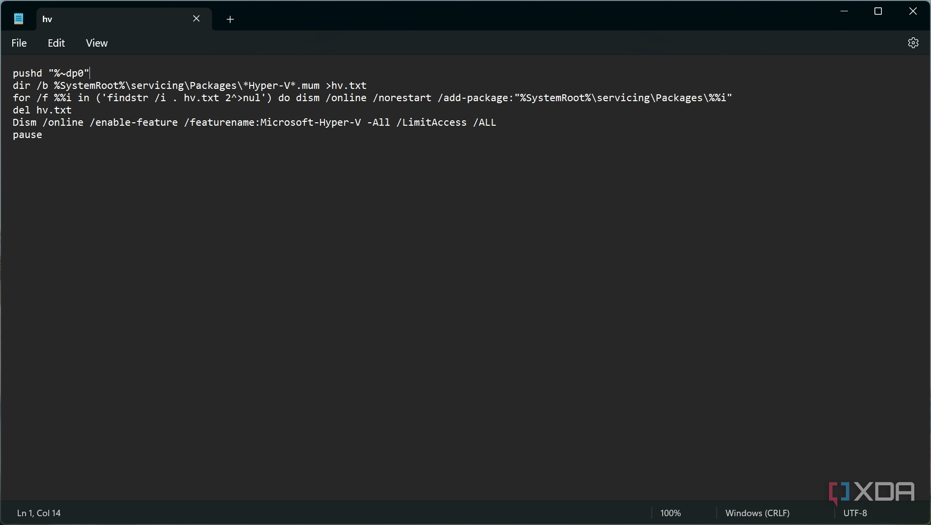 Screenshot of Notepad with text containing commands to install Hyper-V on Windows 11