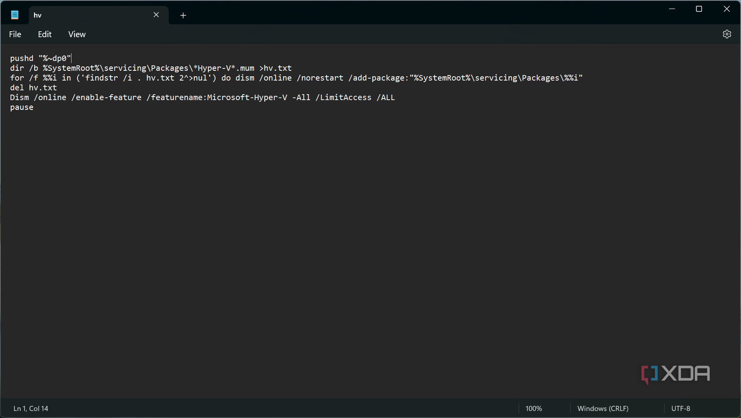 Screenshot of Notepad with text containing commands to install Hyper-V on Windows 11