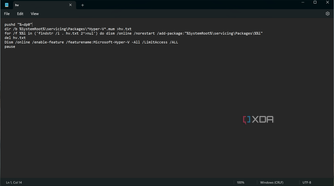 Screenshot of Notepad with text containing commands to install Hyper-V on Windows 11