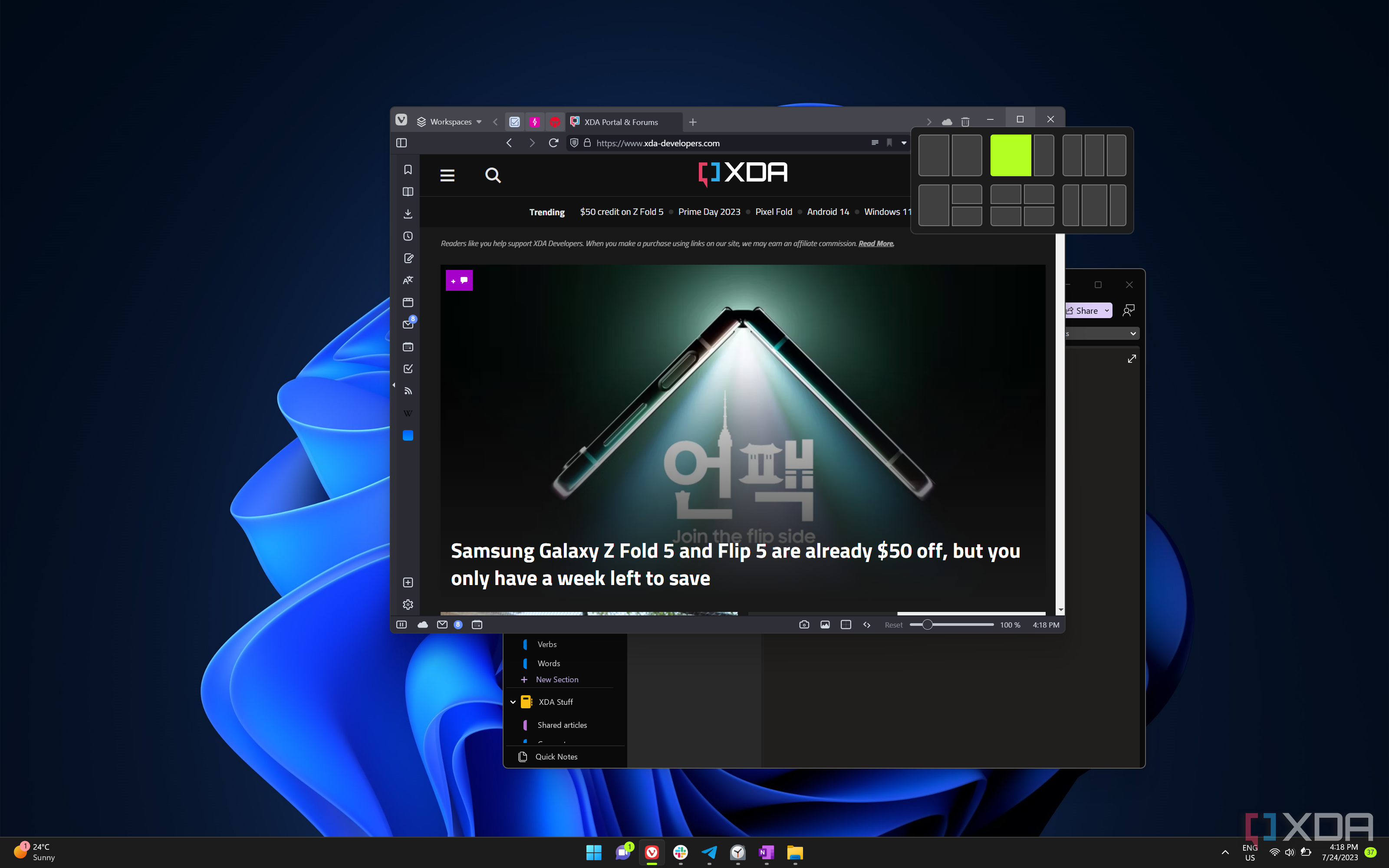 Screenshot of a Windows 11 desktop with a Vivaldi browser window and OneNote open, showing the Snap Layouts UI displayed when the user hovers over the restore icon