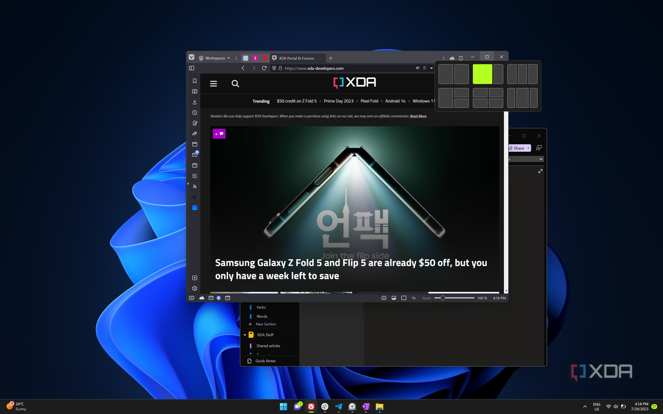 Screenshot of a Windows 11 desktop with a Vivaldi browser window and OneNote open, showing the Snap Layouts UI displayed when the user hovers over the restore icon