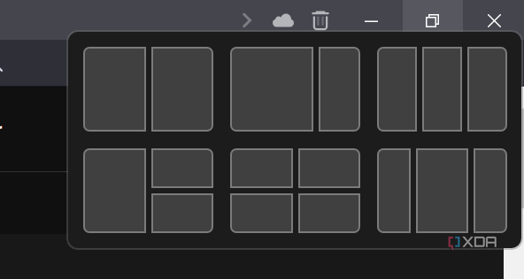 Screenshot of the Snap Layouts UI shown when hovering the mouse cursor over the Restore button on an app's title bar in Windows 11