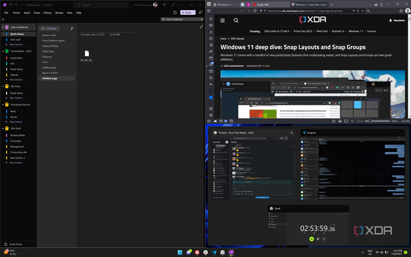 Screenshot of the Snap Assist UI in Windows 11, with two slots filled in a Snap Layouts while Windows prompts the user to choose one of three open windows to fill the third slot