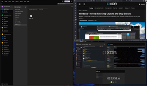 Screenshot of the Snap Assist UI in Windows 11, with two slots filled in a Snap Layouts while Windows prompts the user to choose one of three open windows to fill the third slot