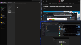 Screenshot of the Snap Assist UI in Windows 11, with two slots filled in a Snap Layouts while Windows prompts the user to choose one of three open windows to fill the third slot