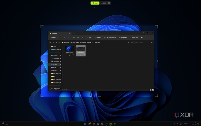 Screenshot of the video recording UI in Snipping Tool with the Start button highlighted at the top of the screen