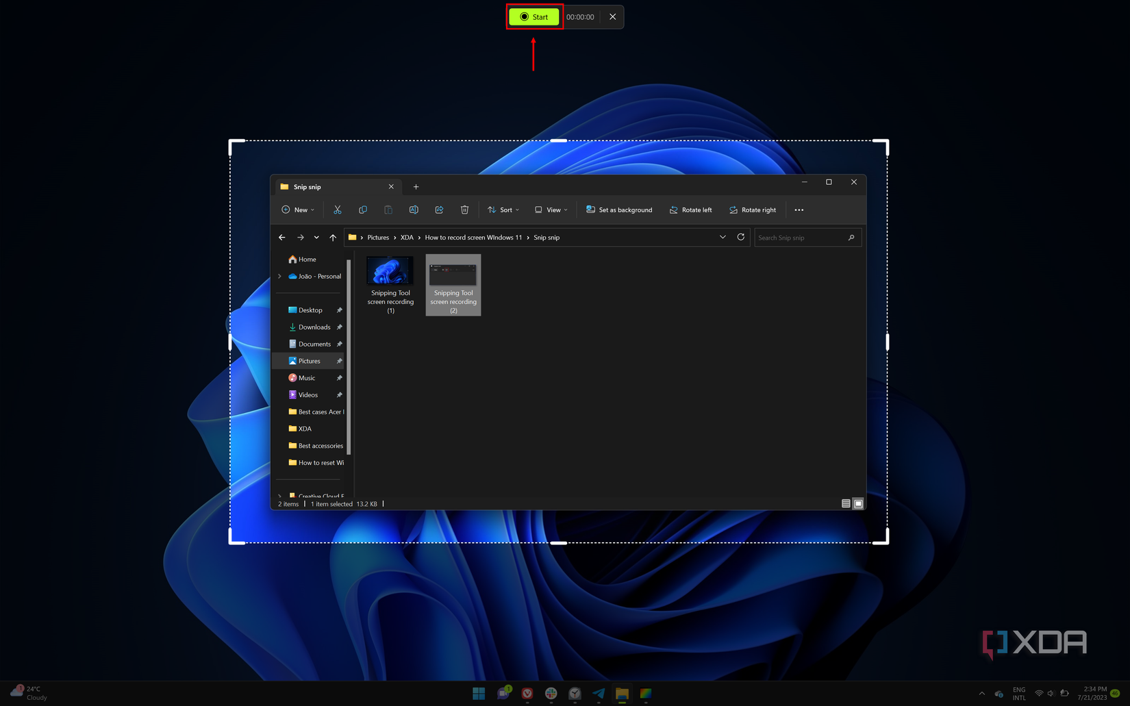 Screenshot of the video recording UI in Snipping Tool with the Start button highlighted at the top of the screen