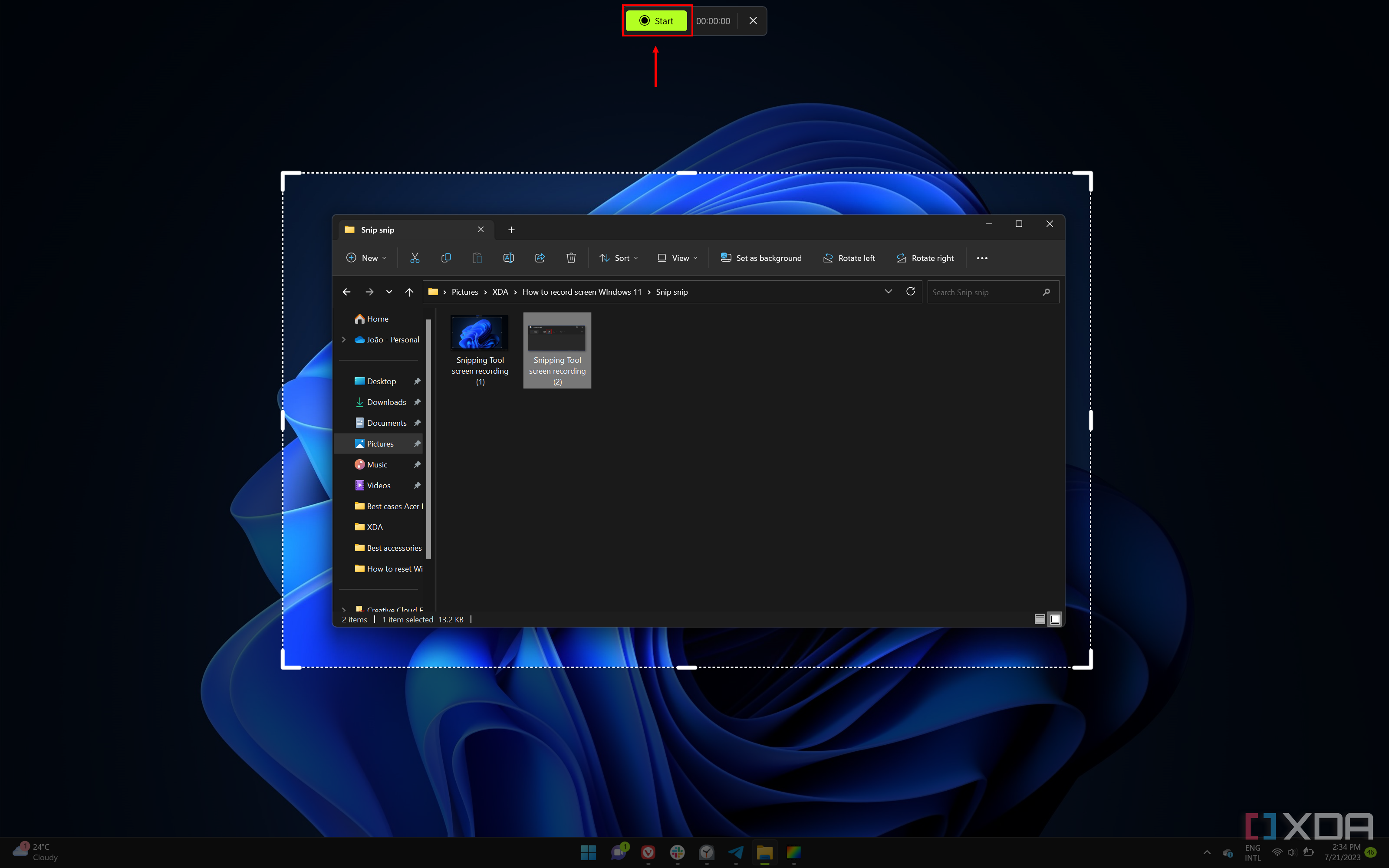Screenshot of the video recording UI in Snipping Tool with the Start button highlighted at the top of the screen