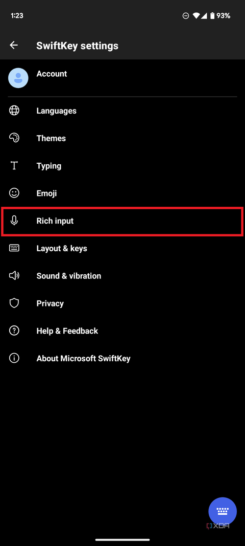 SwiftKey keyboard settings with red outline around Rich input section