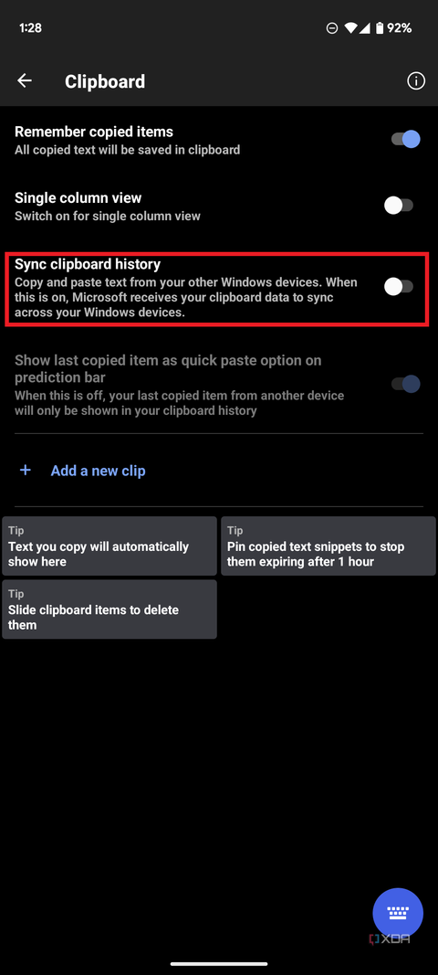 SwiftKey keyboard settings with a red outline around Sync clipboard history section